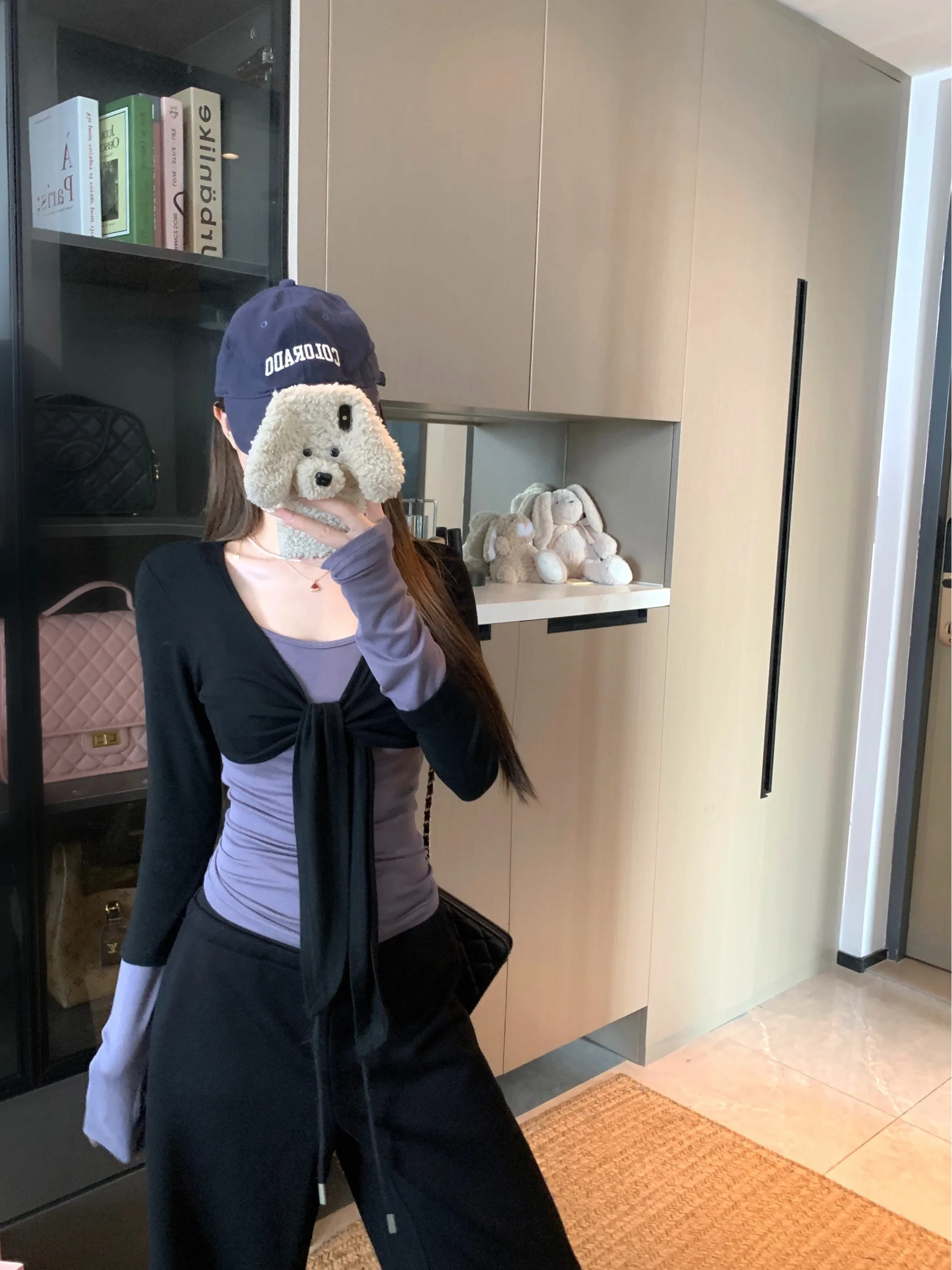 

plus Size Slim Fit Long Sleeve T-Shirt Color Block Design Belted Top Autumn Winter New Style Korean Style Commute Fashion