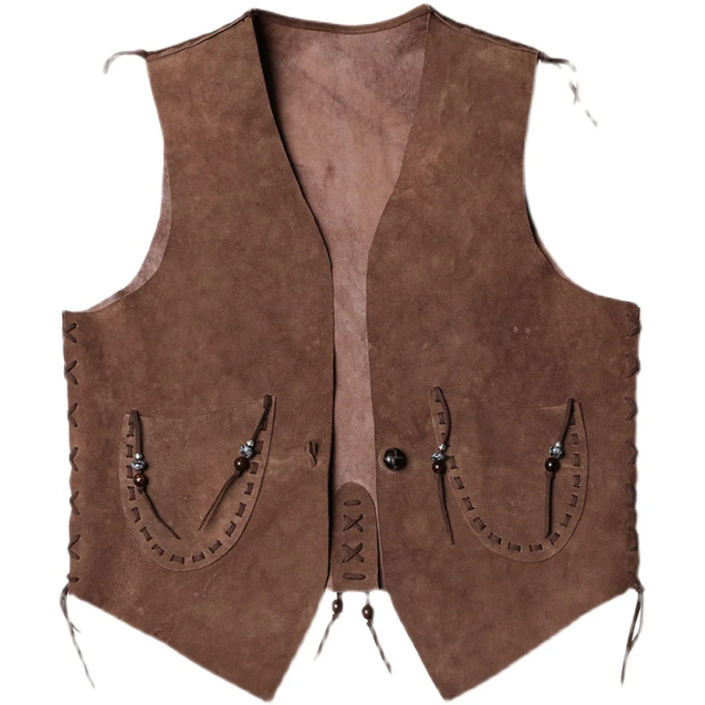 

Summer Mans Goatskin Vest Riding Mans Waistcoat Lace Up Genuine Leather Two-Sided Tank Top Handmade Weskit Vest American Design