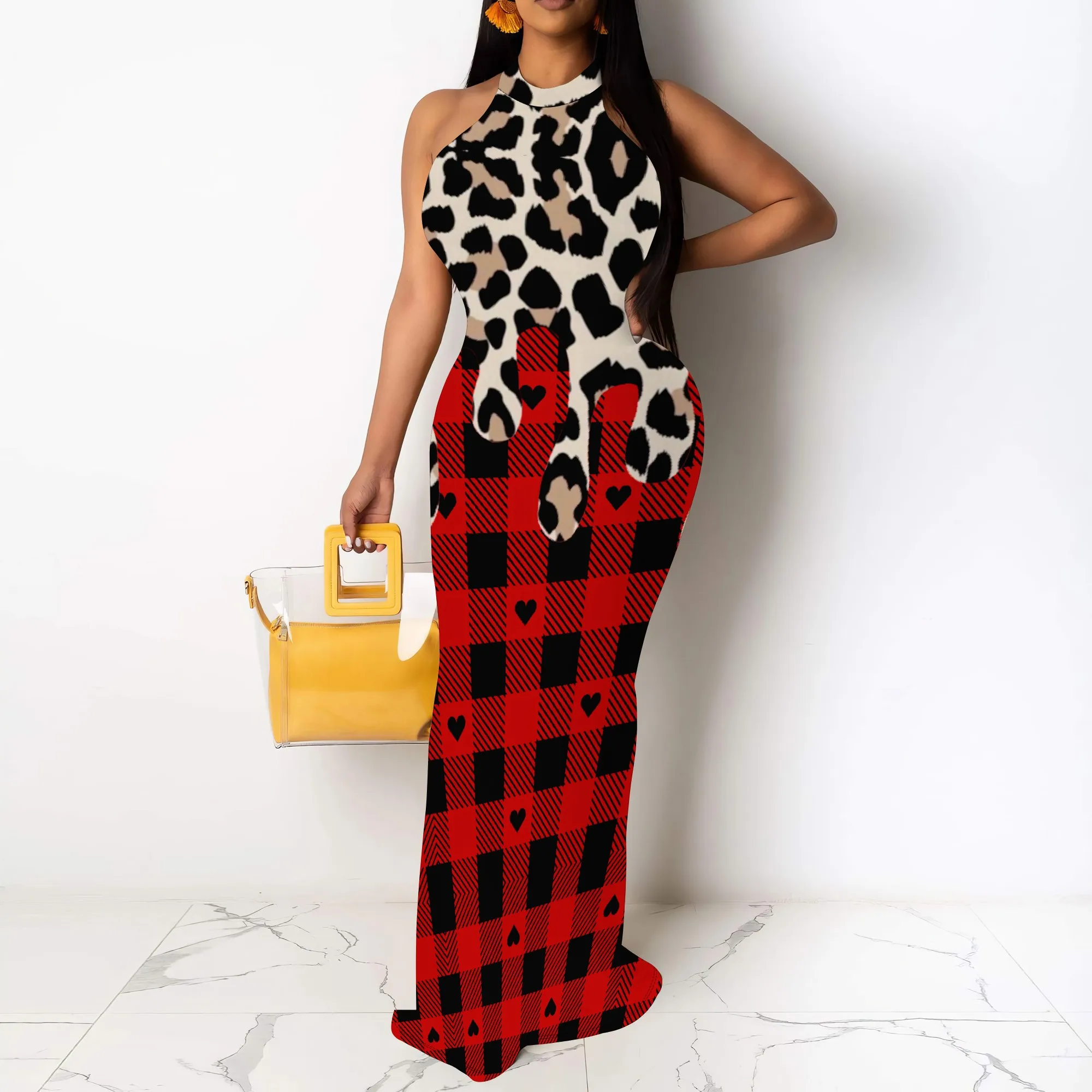 

EQQZD Women's Red Floral Stand Collar Back Cutout Dress Polyester Party Summer Bold