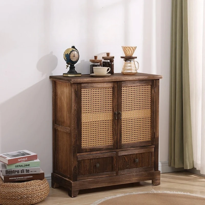 

‌ Антикварный деревянный консольный столик-шкаф для хранения из ротанга для дома, многоцелевой сервант с ящиками, декор для прихожей и гостиной