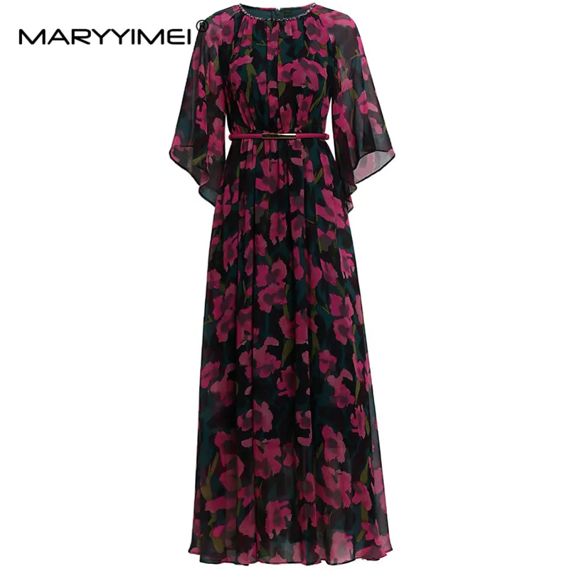 

MARYYIMEI Fashion Women's Round Neck Flare Sleeved High-Waisted Lace-Up Printed Beaded Elegant Bohemian Long Ball Gown Dress