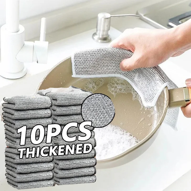 Magic Dishcloth Silver Wire Kitchen Cleaning Cloth Goods Thickened Microfiber Wash Towel Built-in Sponge Stainless Steel Sponge