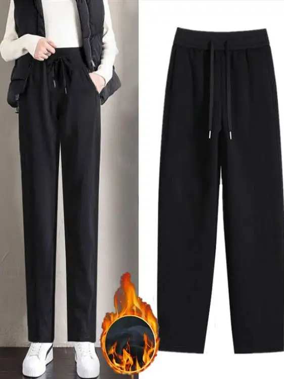 Women's plus Size Fce Lined Loose Fit Thiened Casual Sports Pants High Waist Straight Leg Pants Faionable Autumn Winter