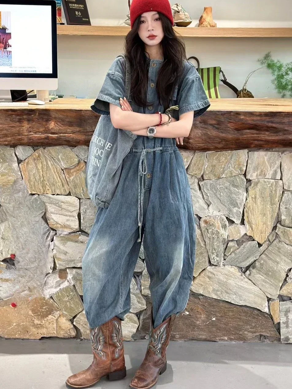 

Весенне-летний новый женский джинсовый комбинезон для поездок на работу в стиле ретро, лоскутный комбинезон большого размера для рабочей одежды