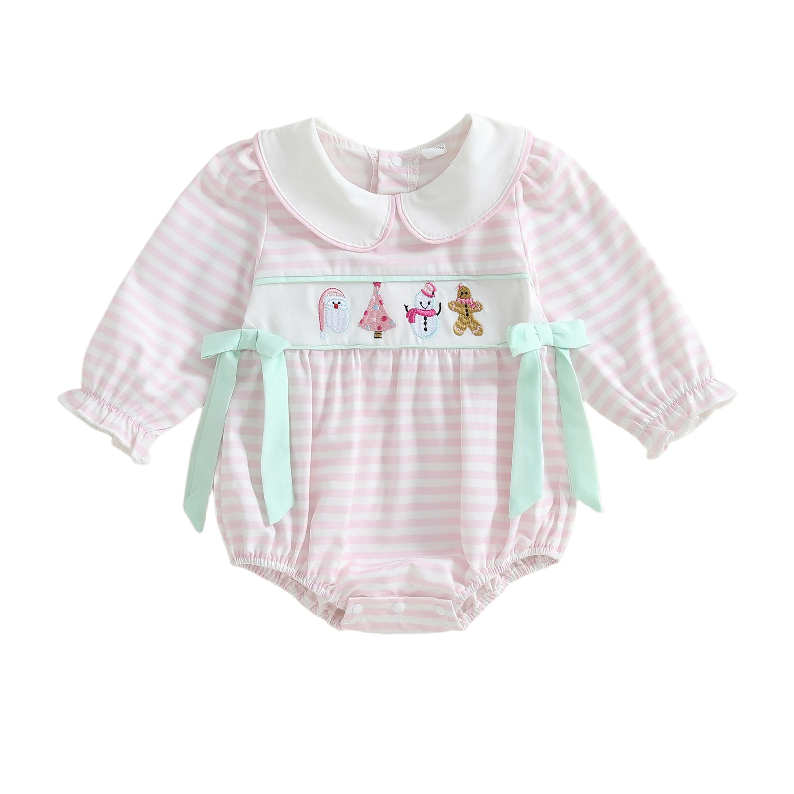 

Baby Girl Christmas Striped Romper Santa Snowman Embroidered Doll Collar Long Sleeve Bodysuit with Bows Cute Winter Clothes