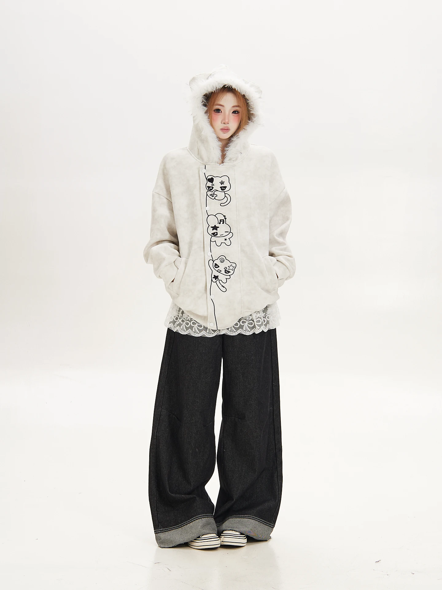 Ant American Cartoon Style Women's Loose Fit Hooded Jacket Coat with Fur Collar Embroidery Autumn Season Versatile Student Top
