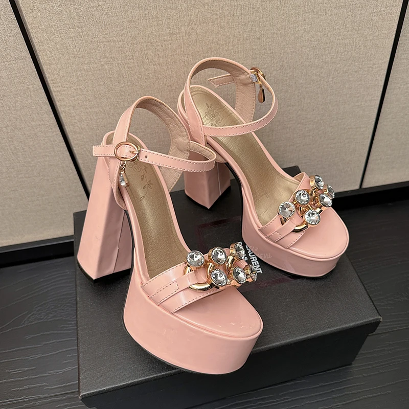 Summer Platform Super-High Heel Sandals Female Round Toe Solid Color Patent Leather Metal Rhinestone Decorative Fashion Sandals