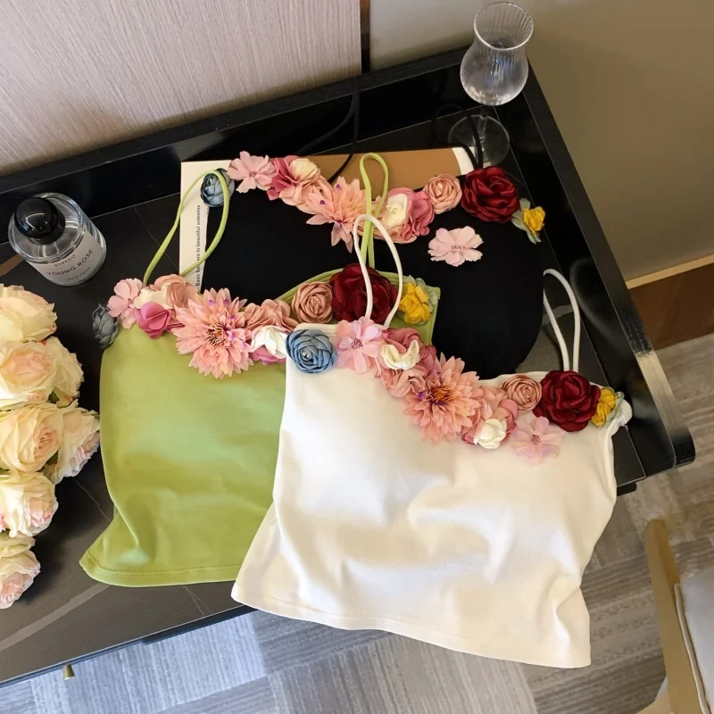 Estéreo flor camisola coletes feminino sexy elegante colheita topos 2025 verão sem mangas estilo francês moda chique senhoras camisetas topos estilingue