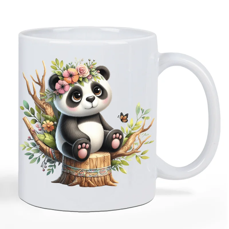 

Керамическая кофейная кружка Cute Panda с розовыми цветами и бабочкой — многоразовая, изолированная, только для ручной стирки — идеальный подарок для моек