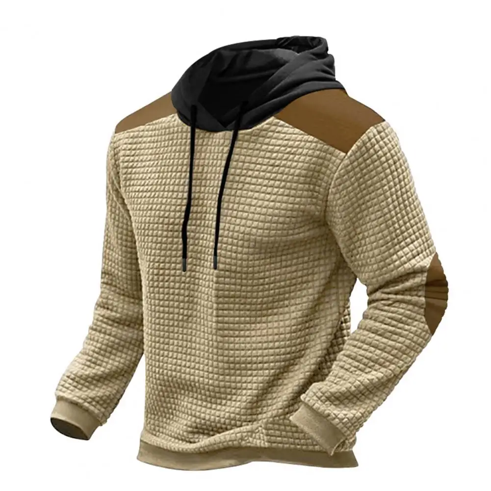 Retro Color Block Hoodie Men's Waffle Texture Hoodie with Drawstring Hood Patch Design Long Sleeve Pullover with Elastic for Men