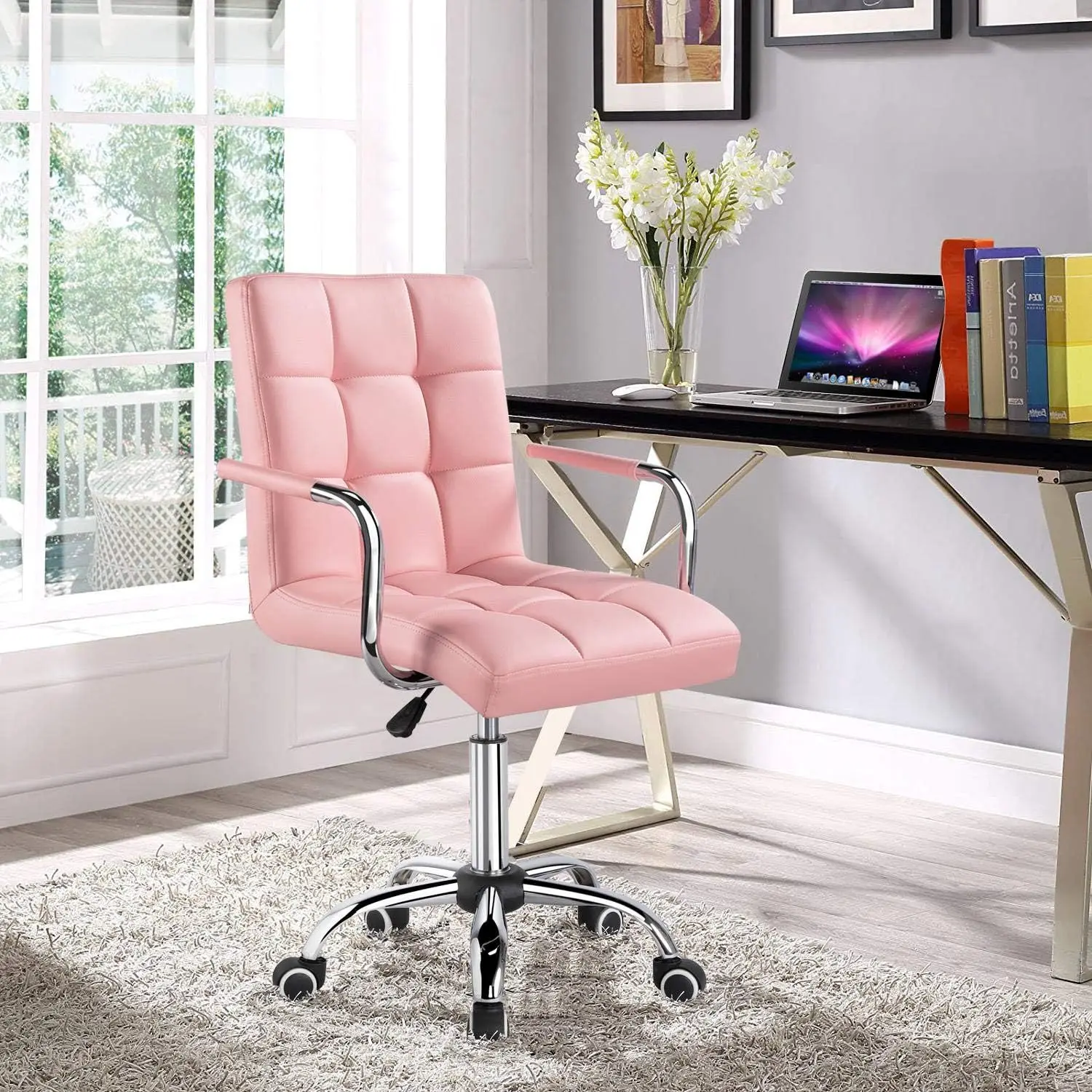 Modern PU leather office chair, with wheels/armrests, height adjustable, suitable for home and office use, with wheels, pink.