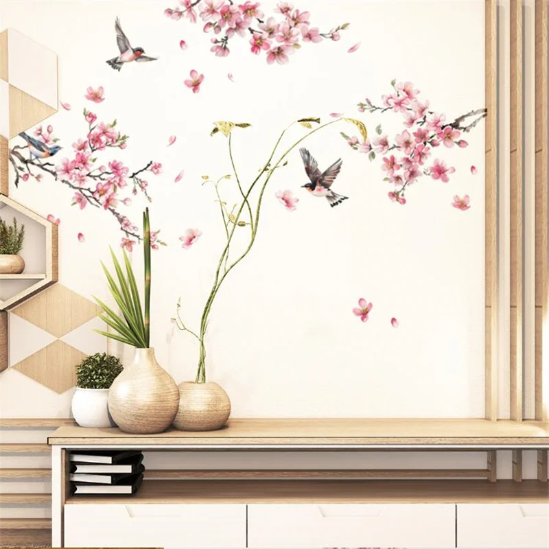 1PCS  Watercolor Birds On The Plum Blossom Branches Flower  Wall Stickers For Bedroom Living Room  Home Decoration Self Adhesive