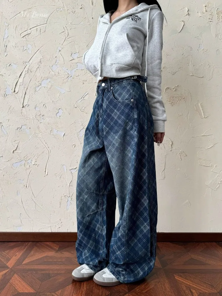Women's Blue Checkered Pattern Design Jeans Wide Leg Pants Casual Street Style Cool Girl Bottoms Female Baggy Retro Trousers