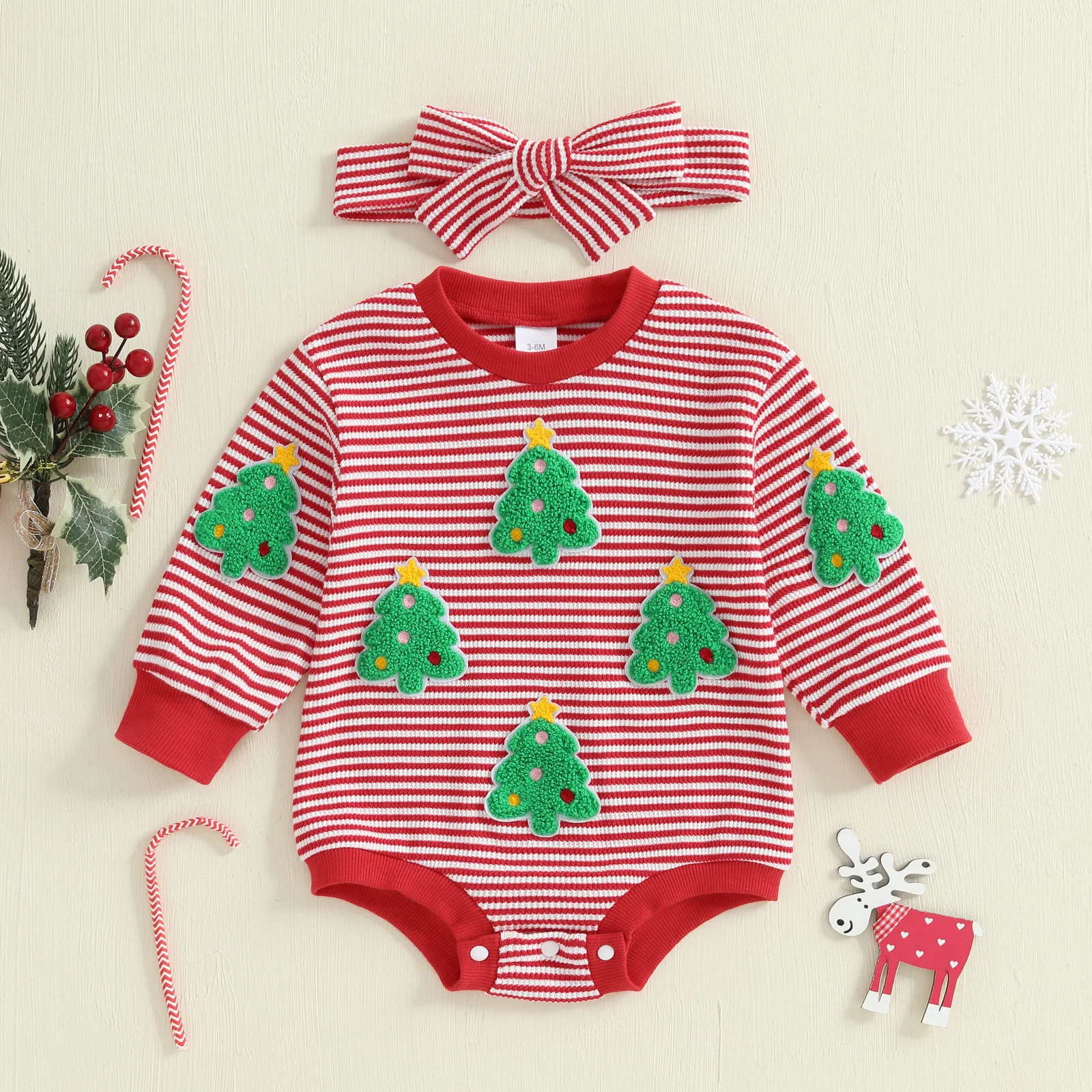 

Baby Girls Rompers Christmas Clothes Christmas Tree Gingerbread Man Embroidery Bodysuits Jumpsuits with Headband