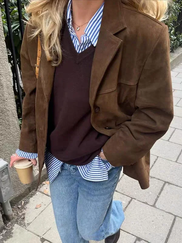 Nova Jaqueta Fena de Outono com Bolsos, Caimento Solto, Gola Dobrável, Estilo Casual para o Dia a Dia, Fibra de Poliéster