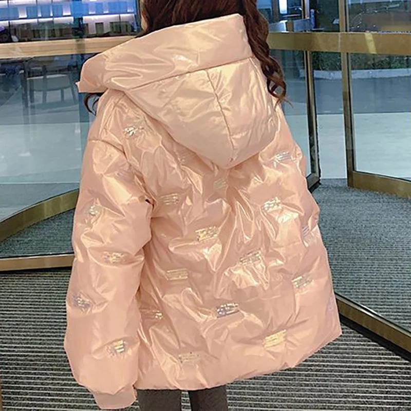 2023 Winter Women Loose Cotton Jacket Hooded Sequins Fashion High Street Elegant Thicken Coat Female Bright Face Warm Parkas