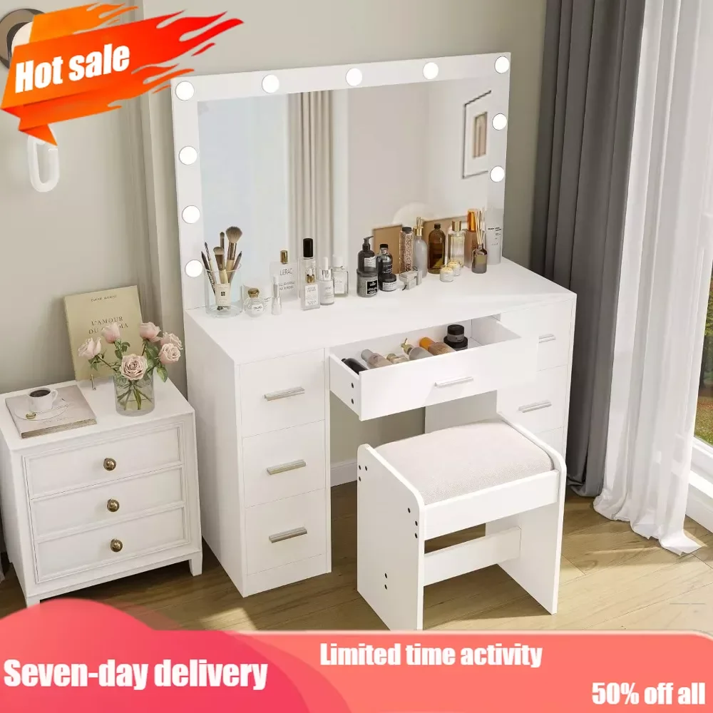 

Vanity-Dresser, Dresser with Glowing Mirror, 3-color Lighting Mode, Adjustable Brightness, Dresser with Drawers, Furniture