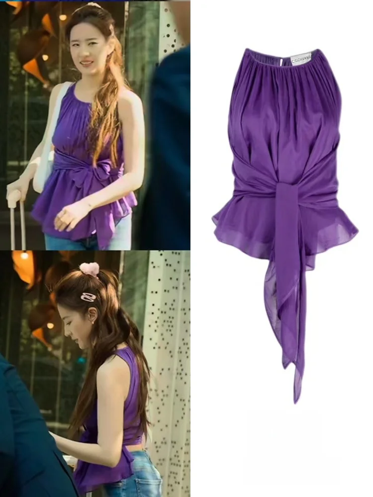 

Шелковая блузка Purple Rose Story с завязками на талии, без бретелек, во французском стиле, приталенная, с круглым вырезом, женский летний модный топ-жилет без рукавов