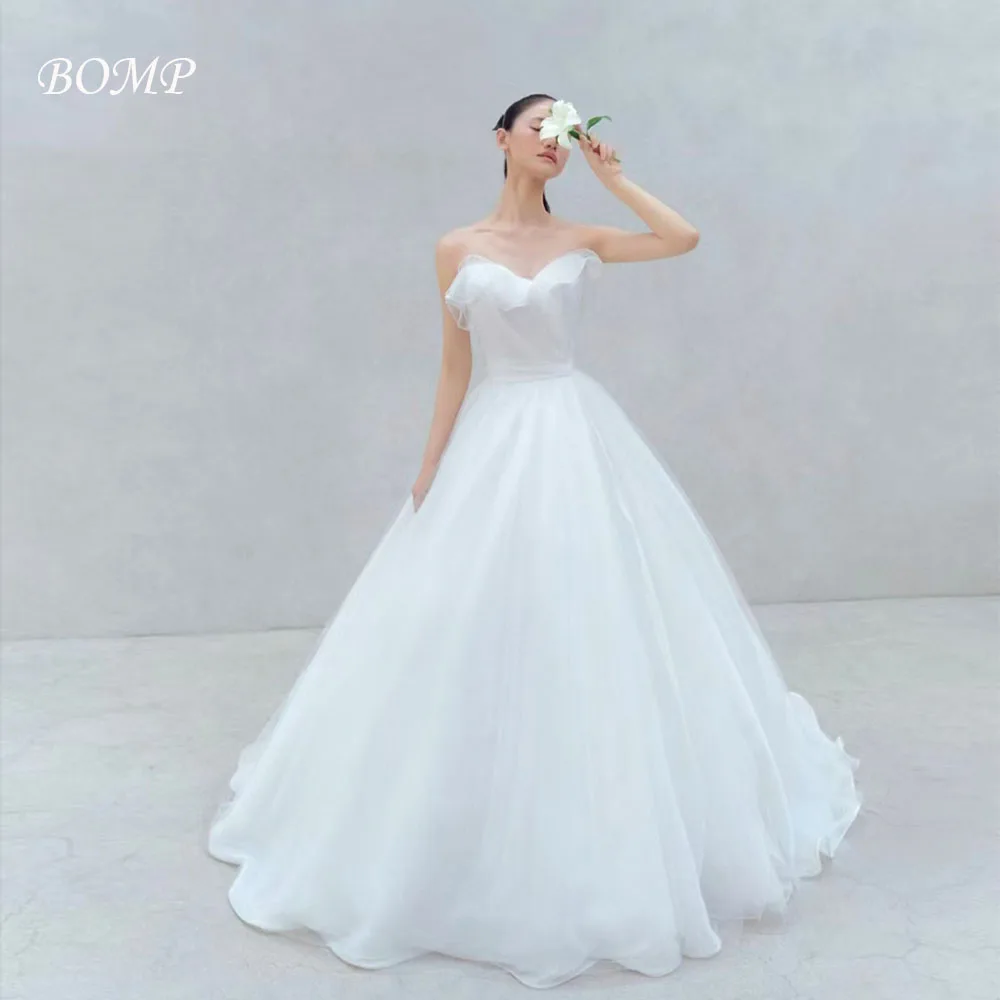 BOMP 우아한 화이트 웨딩 파티 드레스 연인 A 라인 바닥 길이 Organza 한국 사진 촬영 신부 리셉션 가운 맞춤형
