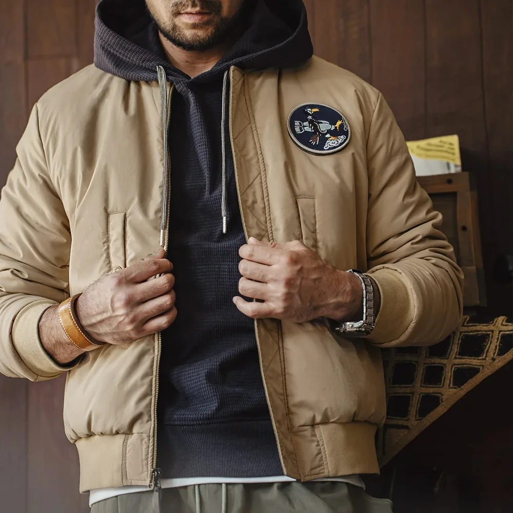 

Maden Men's Reversible MA-1 Flight Jackets Baseball Collar Small Square Texture Winter Thickened Coats Cotton Jacket