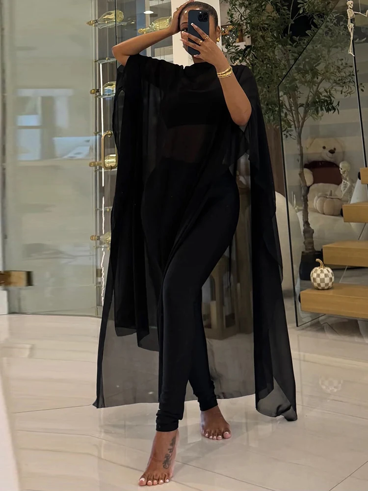 Kliou Sexy Mode 3-delige Set Vrouw Mesh Patchwork Extra Lange Tops + Hemdje + Skinny Perzik Hip Lange Broek High Street Style Pakken