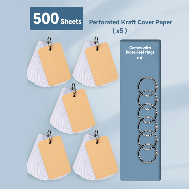 Kraft Paper Cards Portable Index Cards with Binder Ring 500/100 Sheets Study Note Memo Pad Double Sided Word Card DIY Postcard