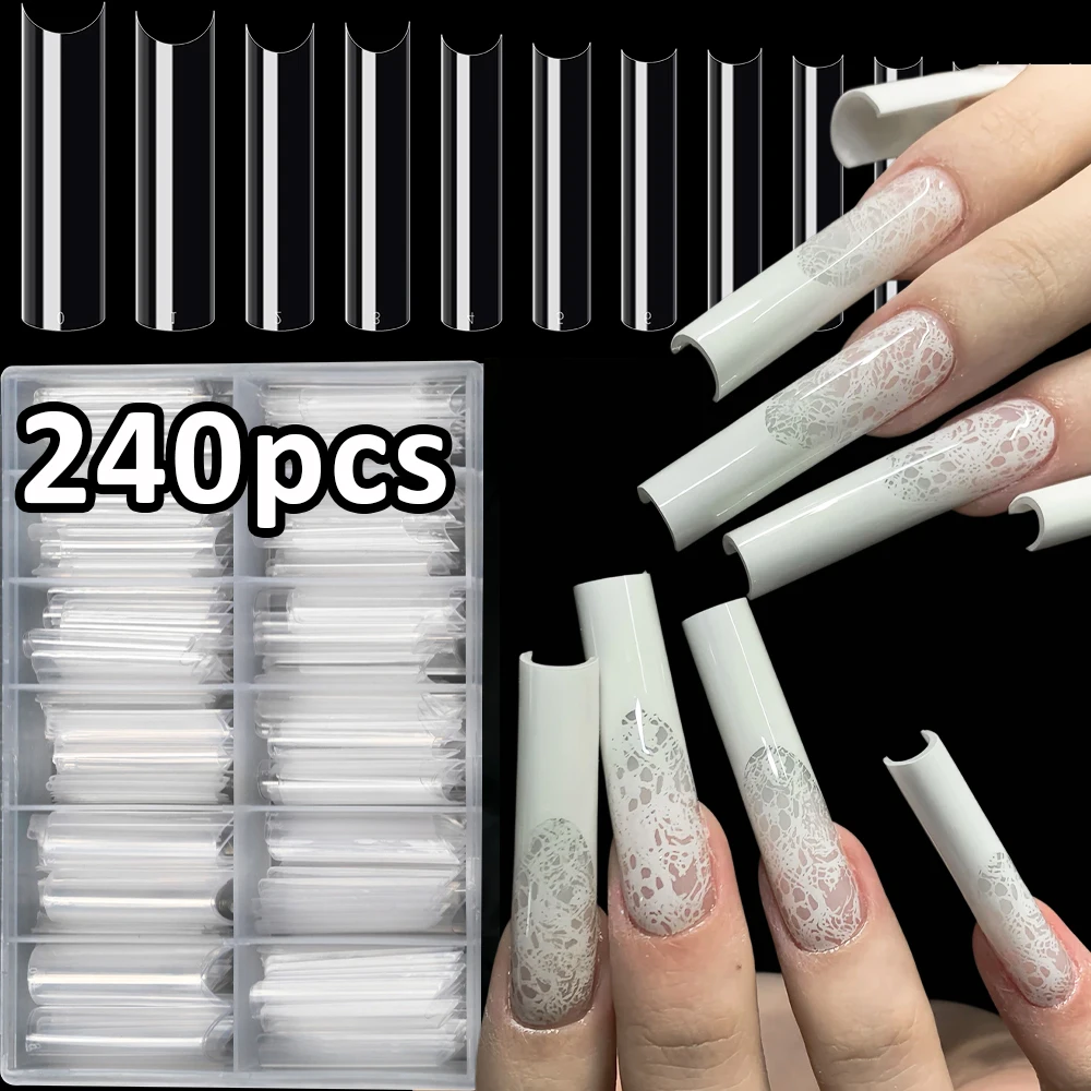 

240 шт./упак. XXL Длинные прямые квадратные накладные ногти с изгибом C, полупрозрачные, для маникюра, инструменты для наращивания ногтей в салоне