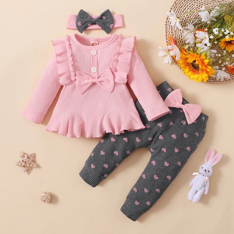 hibobi 3 Piece Spring And Autumn Girls' Long Sleeve Cotton Ruffle Top And Bow Embellished Trousers With Headband Baby Set