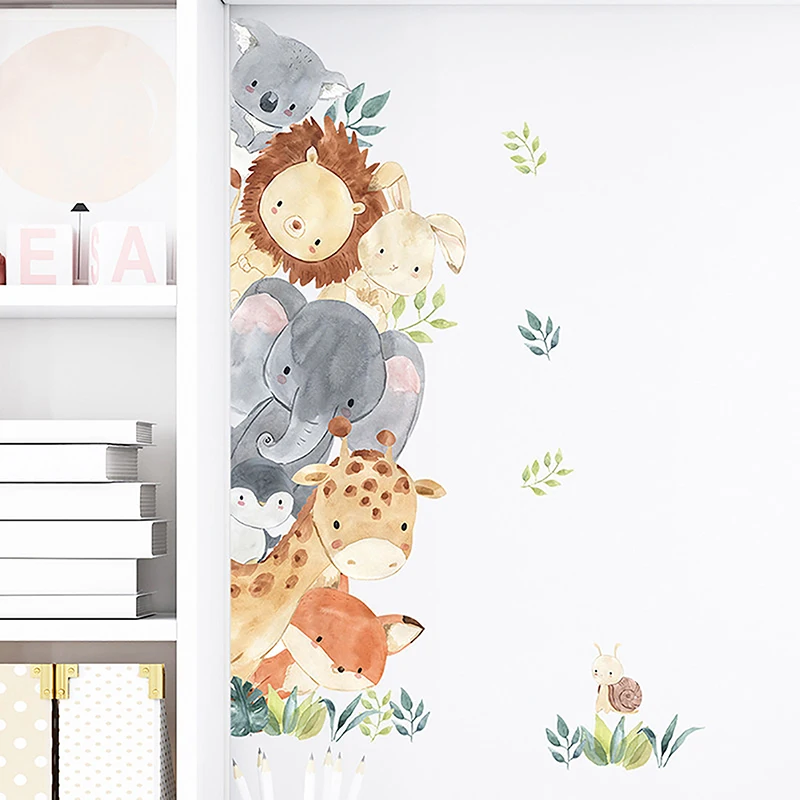 Door Stickers Cute Jungle Animals Elephant Giraffe Watercolor Wall Sticker for Kids Room Baby Nursery Room Decals Home Decor