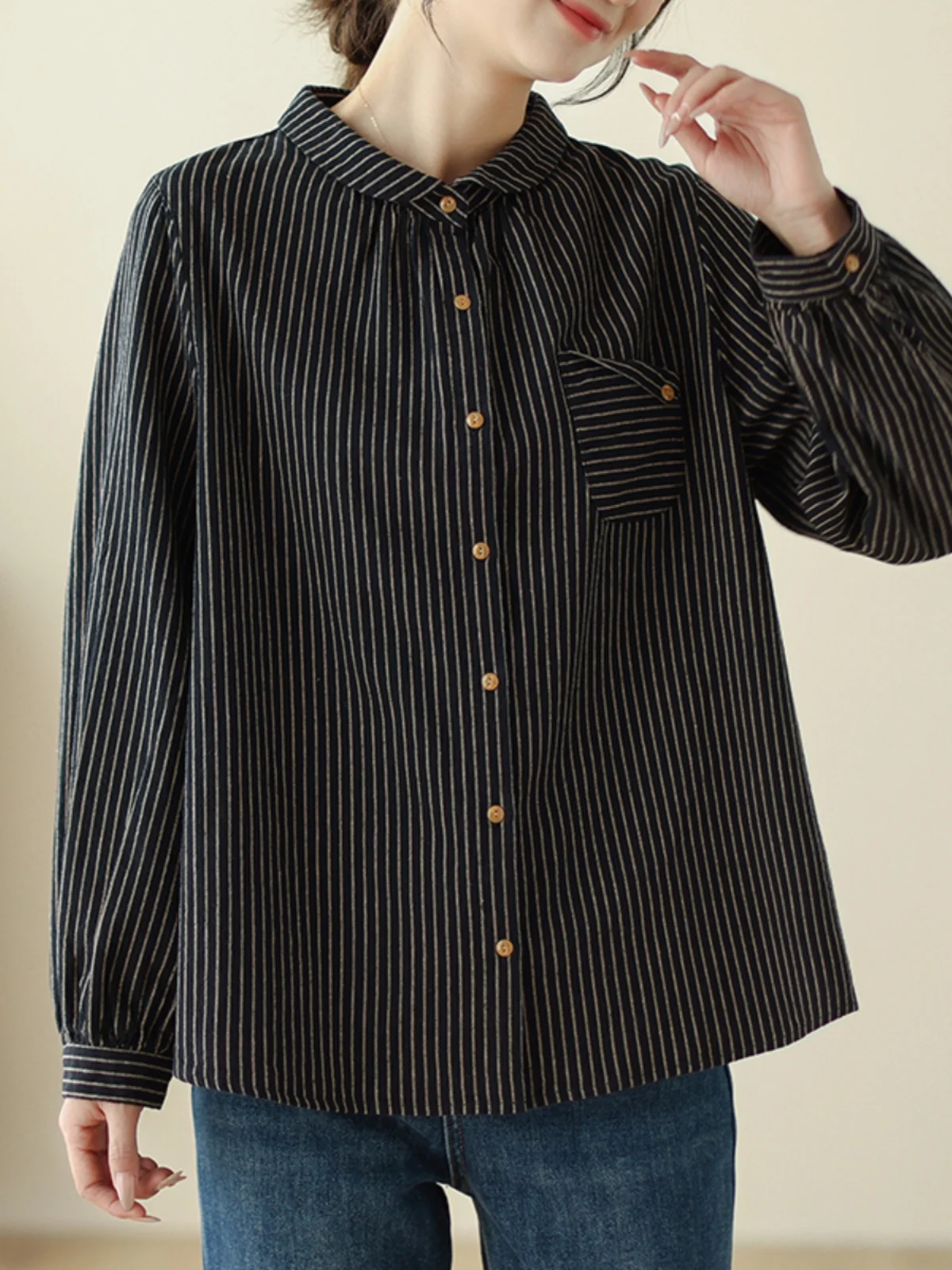 

Retro Striped Cotton Linen Long Sve Women's irt Spring Artistic Large Size Base Layer Trendy Collar Button up Loose...