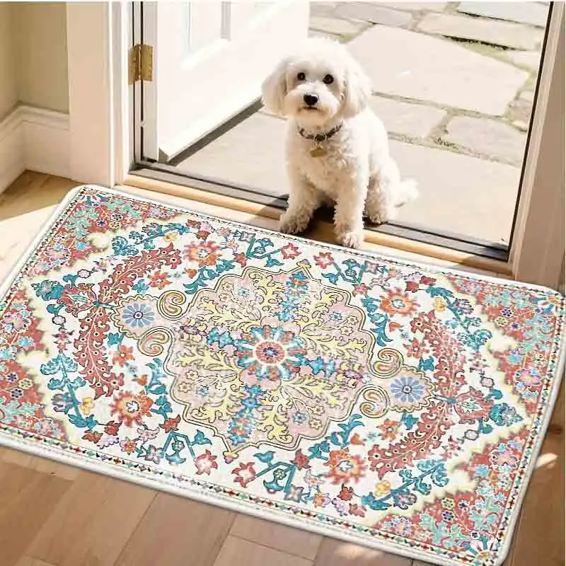 

1pc flannel floor matBoho Floral Print Area Rug Vintage Style Decorative Floor Mat Non-Slip Home DecorNon-slip, machine washable, soft area rug for home living room bedroom kitchen decor