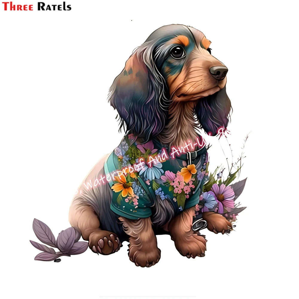 Three Ratels M52 Cute Floral Dachshund Puppy Dog Wall Stickers Home Decoration 3D Adhesive Wallpaper