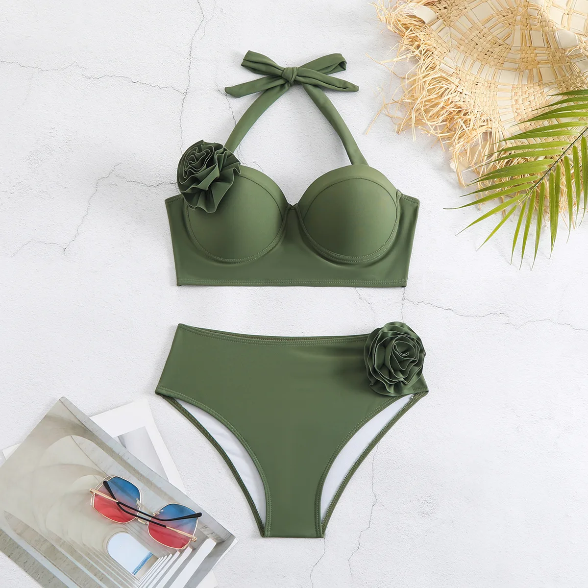 MUOLUX 2024 Summer New High Waist 3D Flowers Solid Color Bikini Neck Strap Skirt Split Swimsuit Beach Sexy Women's Swimwear