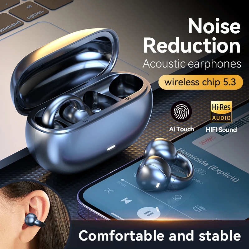 Bone-conduction Bluetooth5.3 Earphone True Wireless Clip-on Ear Noise-cancelling Waterproof and Sweatproof Long Endurance Earbud