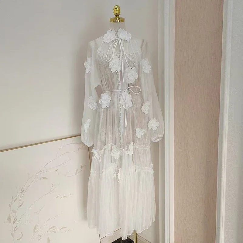 

French High-end White Lace Three-dimensional Flower Dress, Spring New Sexy Loose Strap Super Fairy Long Dress for Women