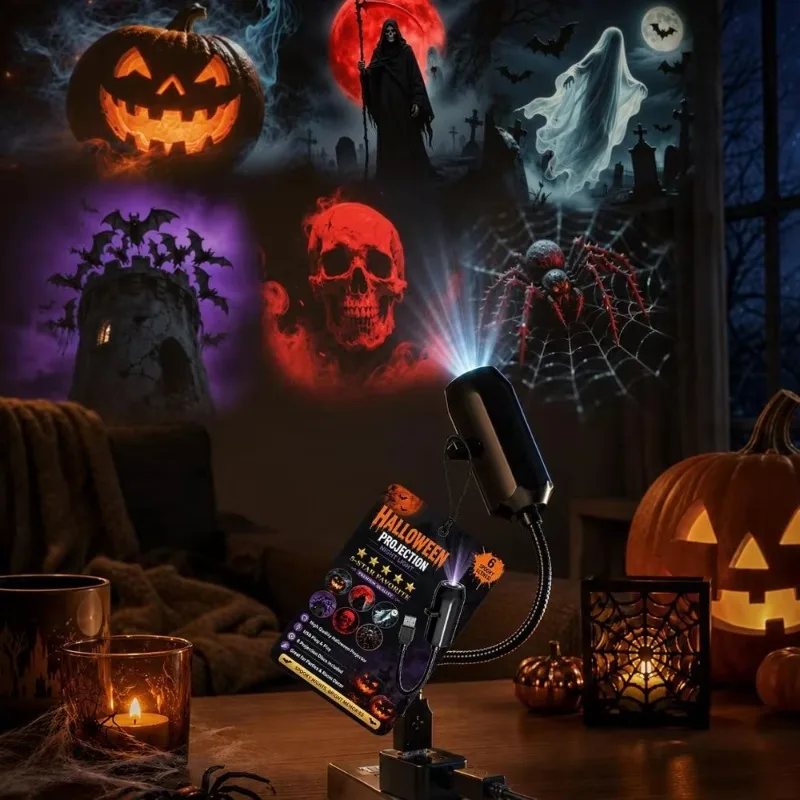 USB Halloween Projector Night Light 360° Rotating Switchable Patterns LED Spooky Atmosphere Lamp Bedroom Holiday Decor