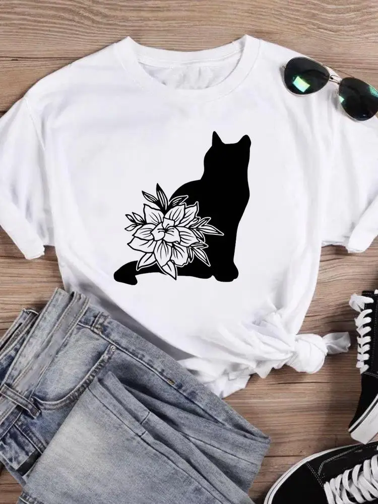 Short Sleeve T Top T-shirts Women Tee Print Summer Cartoon Cat Love Valentine Shirt Female Graphic Fashion Clothing