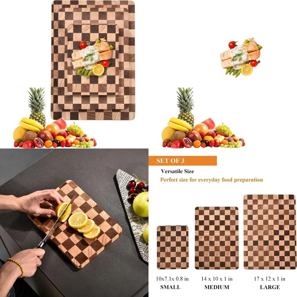 

3-Piece Kitchen Cutting Board Set with Juice Groove & Handles - Large Thick Wooden Boards for Meat, Veg, Fruits