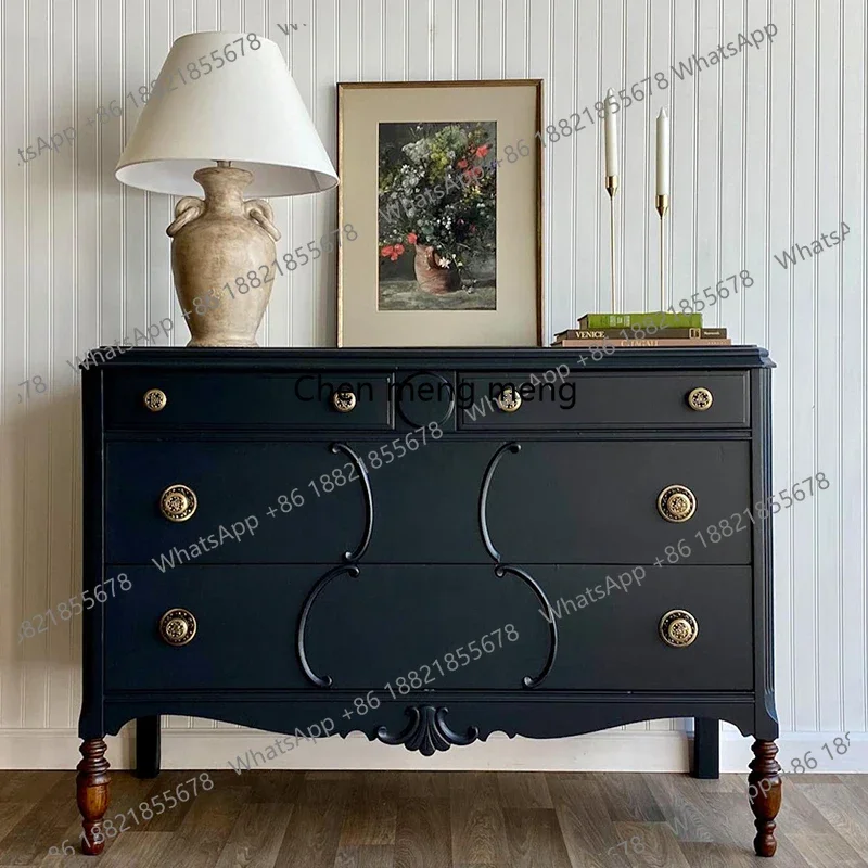 

French retro small chest cabinet household bedroom solid wood bedside table multi-functional storage cabinet