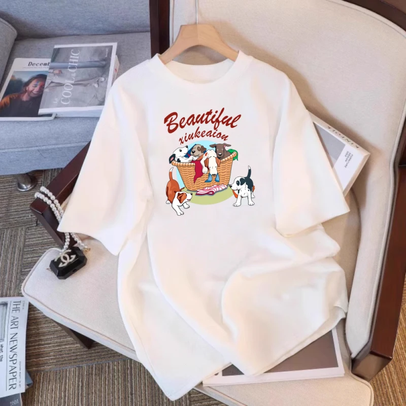 

Женская футболка, повседневный топ из чистого хлопка с милым рисунком маленькой собаки, универсальный весенний повседневный наряд для пар