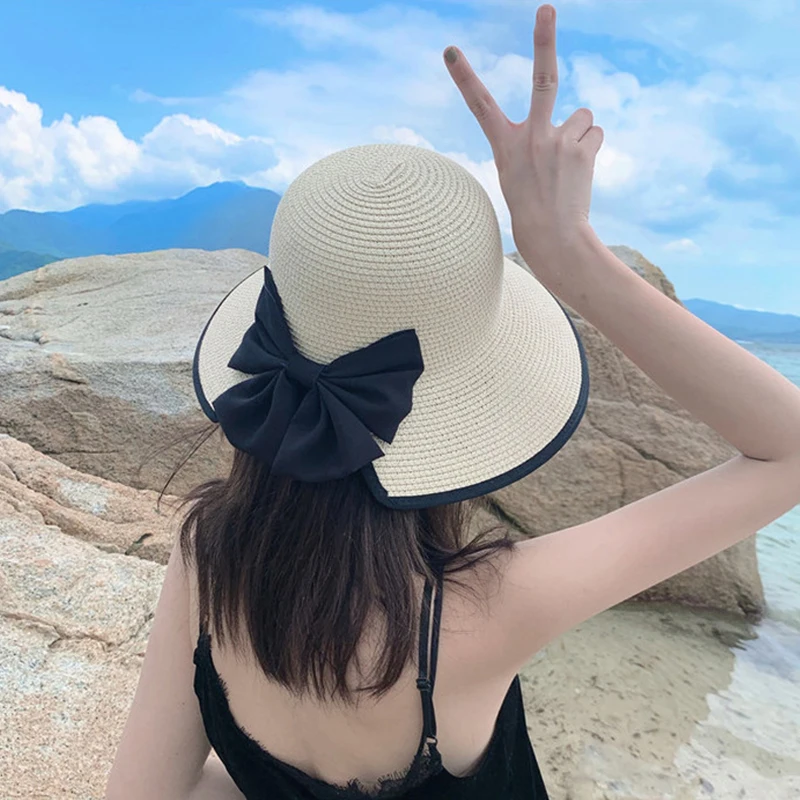 Large Brim Bow Straw Visors for Women Summer Sun Protection UV Bowknot Beach Hat Korean Temperament Vacation Foldable Bucket Hat