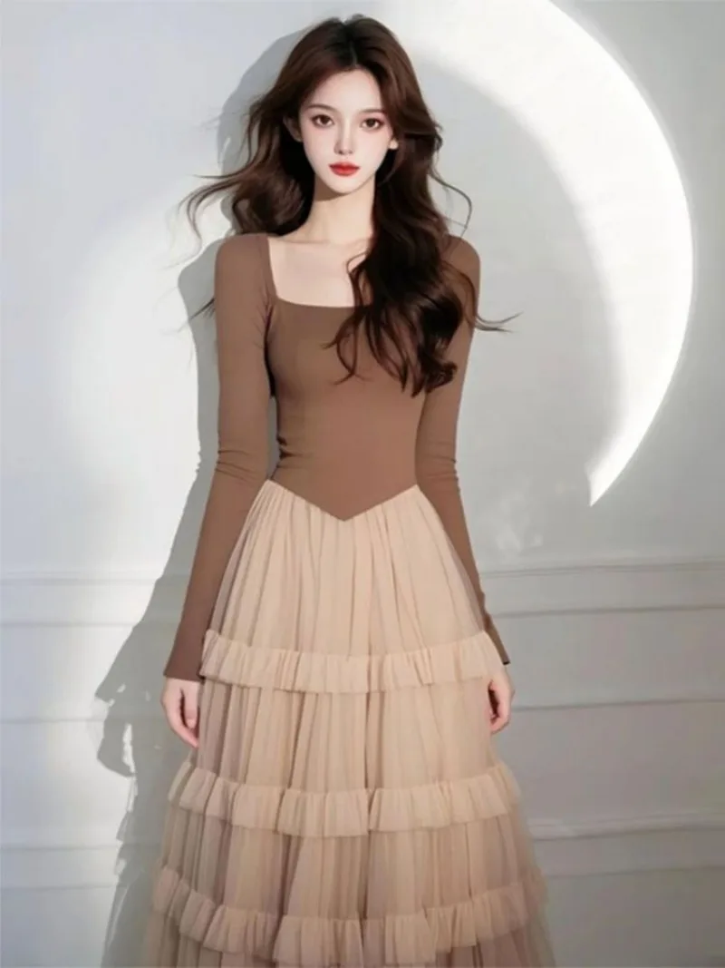 Nova luz francesa de luxo vestido outono moda feminina malha retalhos cintura fina manga longa multi camada vestidos festa