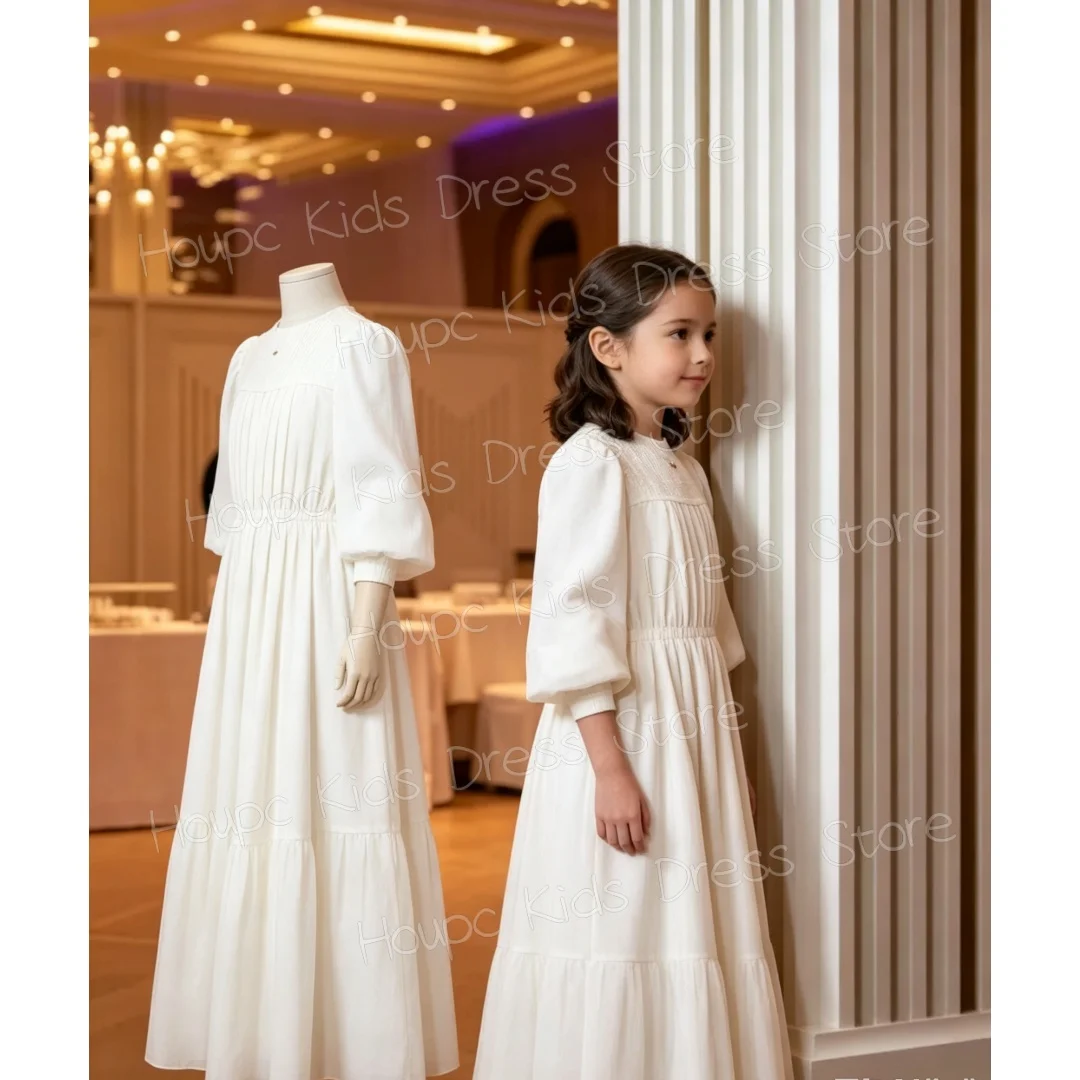 Girls White Long Sleeve Cotton Linen Dress Vintage Pleated High Neck Tiered Maxi Gown Kids Wedding Party Princess Vestidos