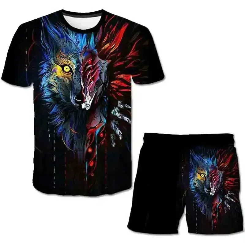 2025 Summer Casual T-shirt Shorts 2-piece Set Fashion High Quality Men's T-shirt Set Animal 3D Printed Wolf Totem