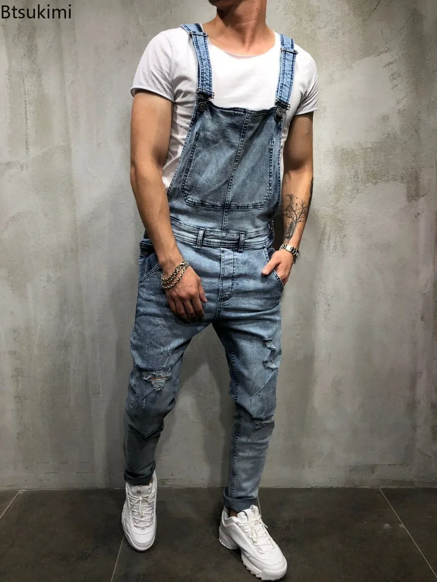 New 2024 Men's Denim Overalls Fashion Jeans Pants Jumpsuit Pants Overalls Trousers Men Streetwear Loose Distressed Pants for Men
