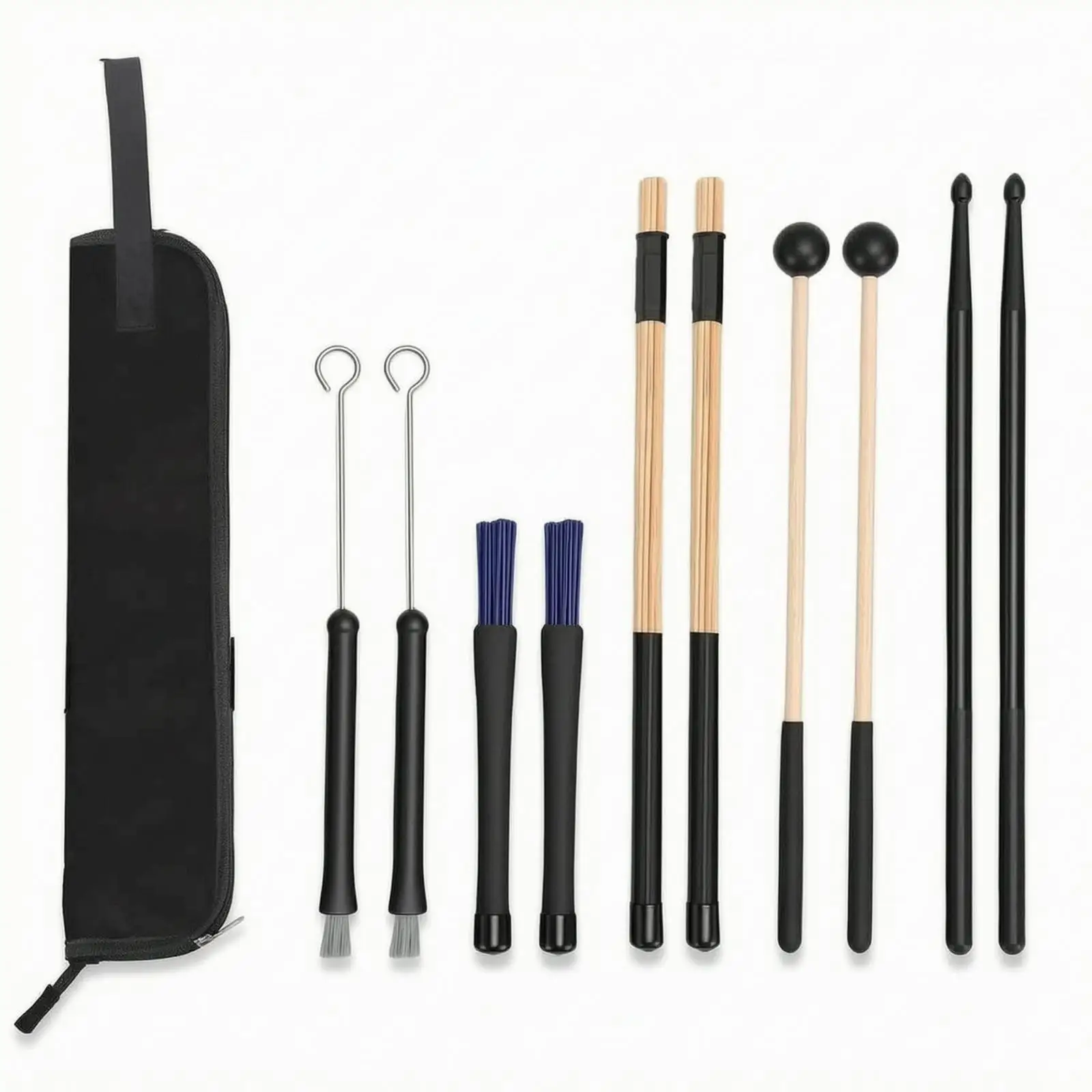 Drumstick Bundle with Textured Drum Brushes Soft Mallets and Drumstick Case for Drum Pads and Acoustic Drum Kit