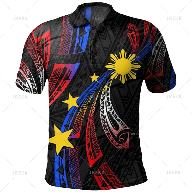 3D polo vintage para homens, impressão gráfica filipina, tops gráficos tribais, gráfico tribal