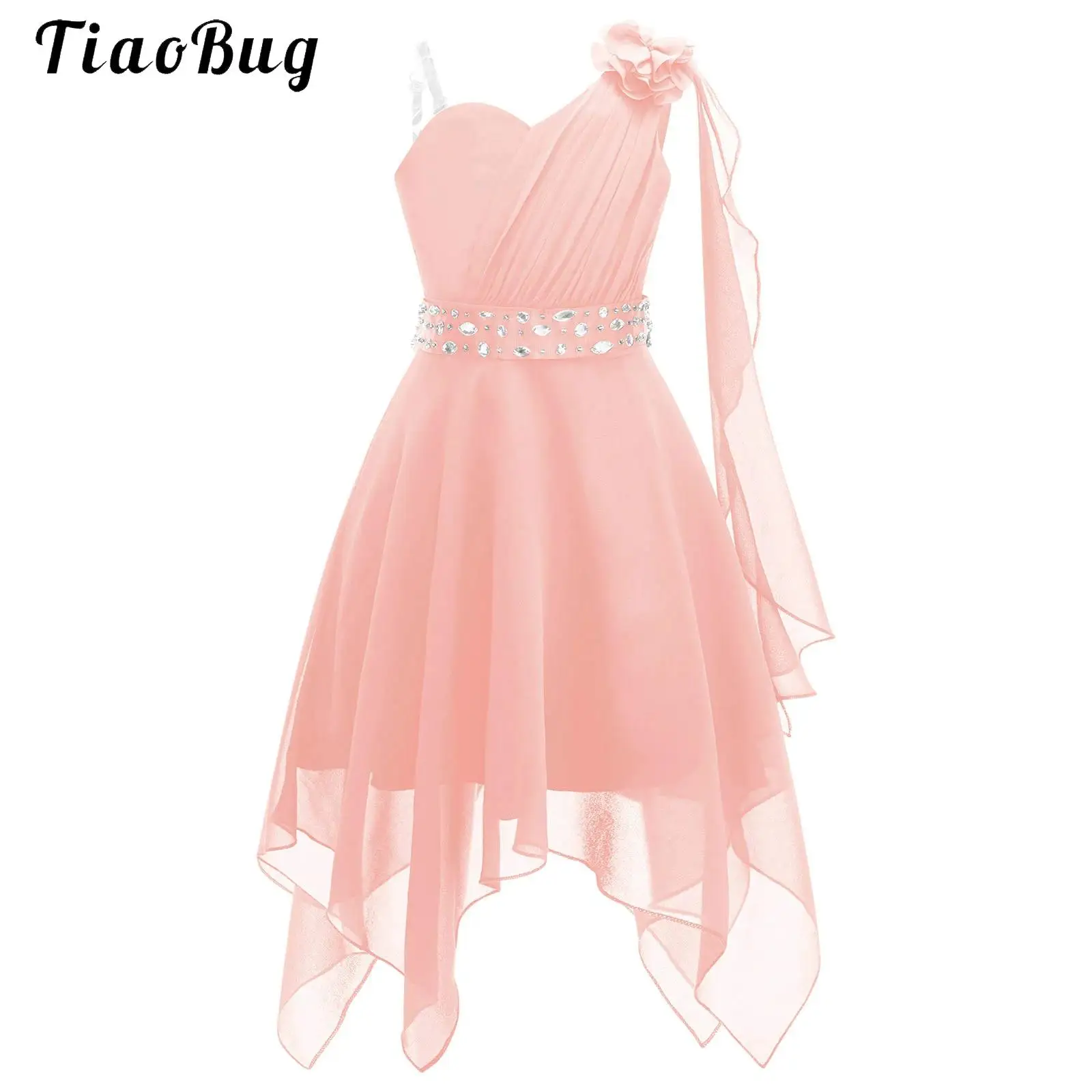 Girls Princess Dress One Shoulder Tulle Flower Pageant Birthday Party Wedding Bridesmaid Girl Dresses with Shiny Beaded Sash