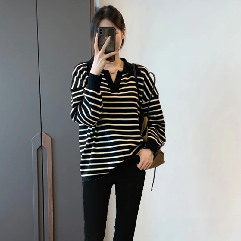 

Woman Stripe Knit Pullovers Loose Top Tees 2025 Autumn Fashion Maternity Sweater Long Sleeve Turn-down Collar Plus Size Pregnant