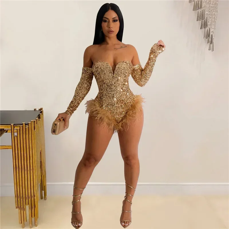 Women 2022 Long Sleeve Sexy Bodycon Sequins Bodysuit Party Jumpsuit Strapless Off The Shoulder Feather Bling Night Club Bodysuit